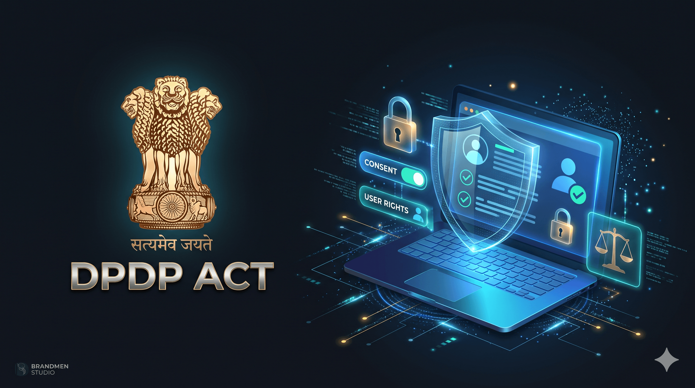 A digital illustration on a completely dark background with the golden State Emblem of India and the text 'DPDP ACT' on the left. On the right is a glowing 3D laptop with a cybersecurity shield, representing a website. Around the laptop are glowing digital icons for a padlock, consent toggle, user rights, and the scales of justice, symbolizing website compliance under the law. Digital data streams and particle effects connect the elements, with a small 'BRANDMEN STUDIO' logo in the bottom left corner